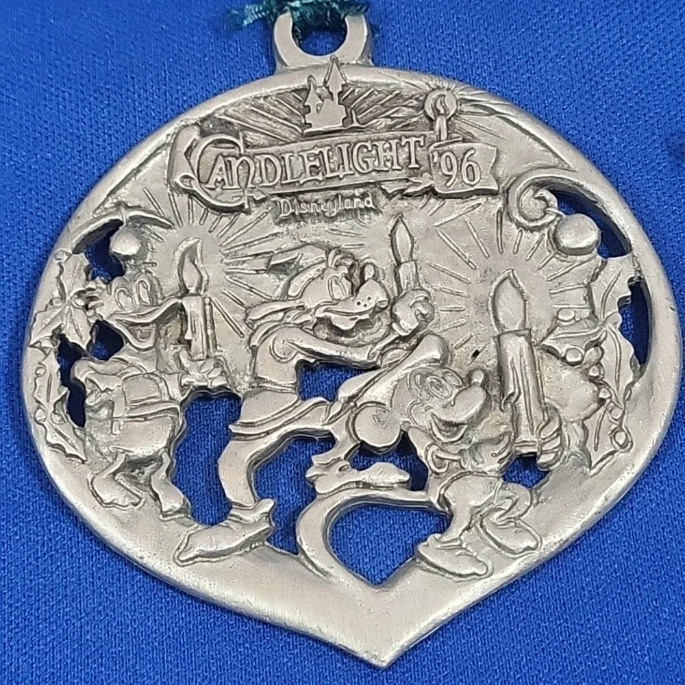 Vintage 90s Disneyland Christmas Ornament Pewter Candlelight Mickey Goofy Donald